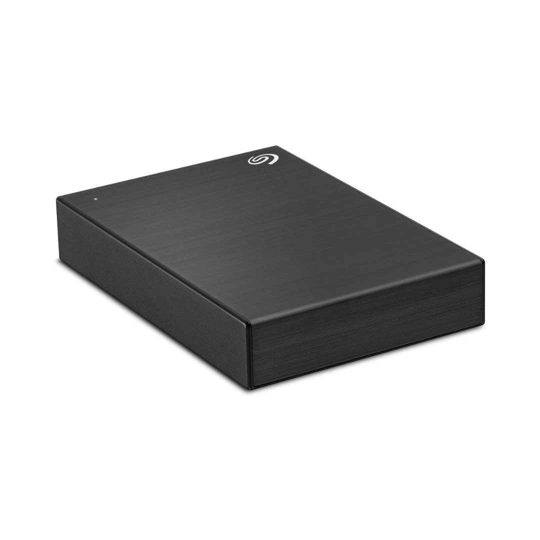 Black external hard drive on a white background